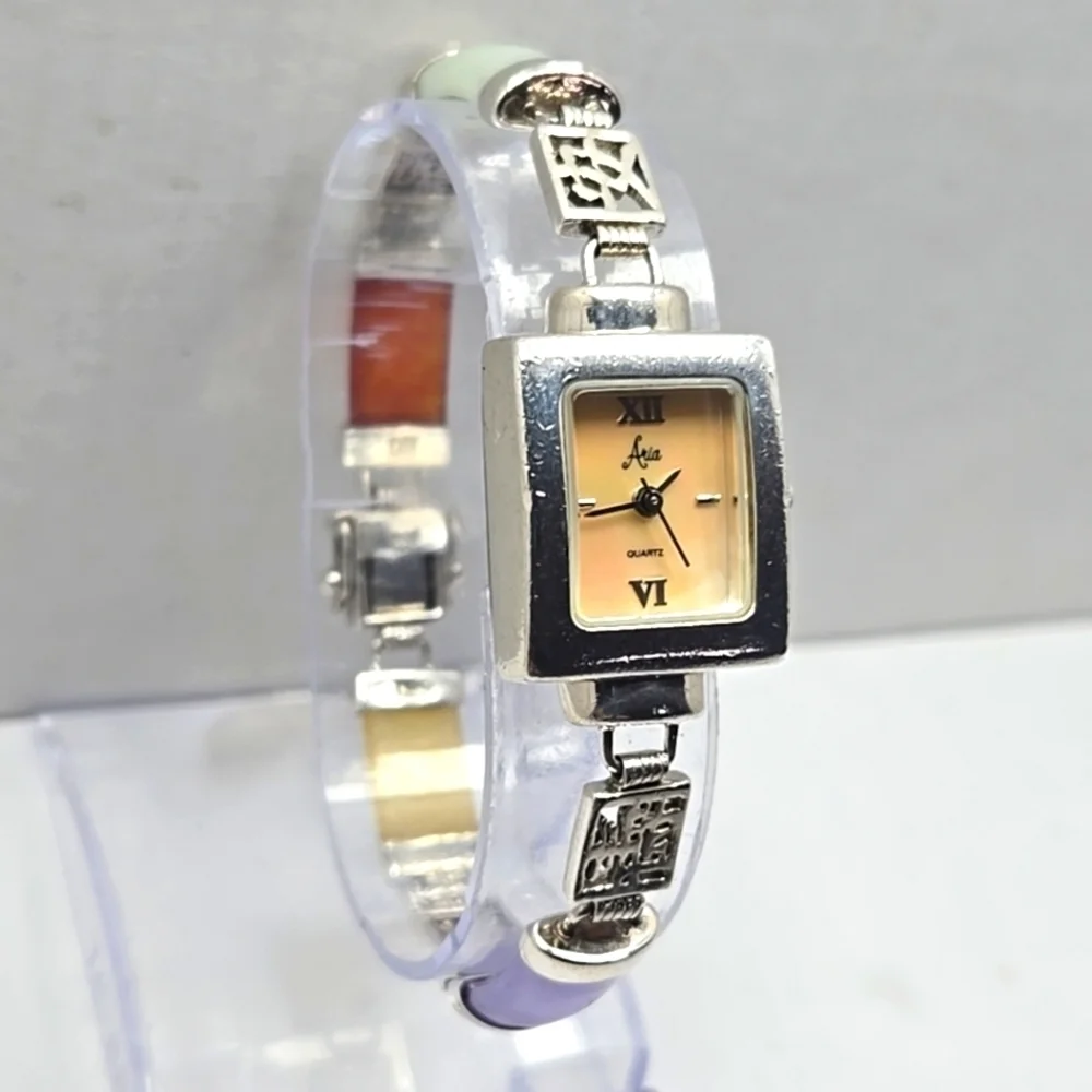 Womens Vintage Aria 925 Sterling Silver Multicolor Gemstone Watch New Battery